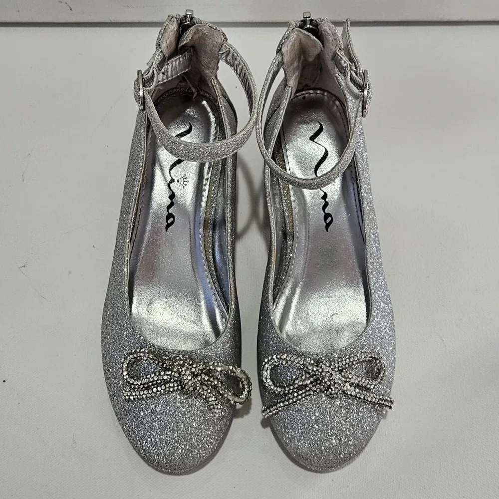 Nina Dress Shoes Girls 2M Silver Glitter Rhinestone Bow Block Heel Special Event